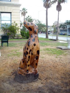The dalmation carved by sculptor James Phillips from one of the many dead oak trees in Galveston. This sculpture, as well as Phillips' fire hydrant carving, are located next to Galveston's city hall building.