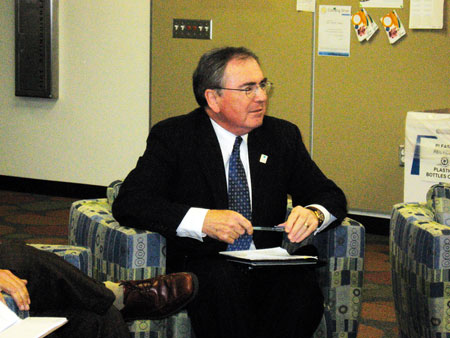 UHCL President William Staples addresses students' concerns at a Town Hall Meeting.