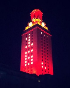 The University of Texas at Austin tower lit up in the school's signature burnt orange is one of the many traditions longhorn fans enjoy. Courtesy photo.