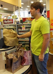 A Kroger customer uses reusable bags to carry his groceries. Photo by Lauren Lowry: The Signal.