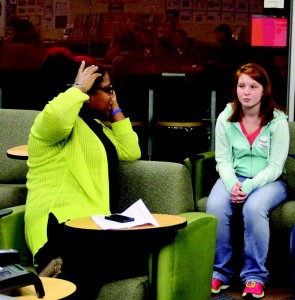 Brittany Cuba, BSA mentor, and Kayla Taylor, 9th grade Clear Brook student, in the Student Lounge. Tiffany Fitzpatrick/The Signal.