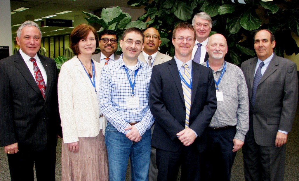 Pictured front row (l to r) are UHCL Dean of Science and Computer Engineering Zbigniew Czajkiewicz; Indiana University at Bloomington Associate Professor of Science Education Gayle Buck; University of Illinois at Urbana-Champaign Professor and Department Head of Curriculum and Instruction Fouad Abd-El-Khalick; Texas Coordinating Board Assistant Director of University and Health Related Institutions James Goeman; University of North Carolina at Charlotte Professor and Director of the Center for STEM Center David Pugalee; UHCL Senior Vice President for Academic Affairs and Provost Carl Stockton. Back row (l to r): UHCL Associate Vice President for Academic Affairs Mrinal Mugdh; Texas Coordinating Board Program Director of Workforce, Academic Affairs and Research Andrew Lofters; UHCL School of Education Dean Dennis Spuck.
