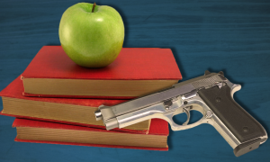 Illustration: Computer generated graphic illustrating the possibility of guns on campus with stacked books and a gun. Illustration created by The Signal Managing Editor Sam Savell.