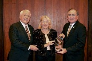 Image: University of Houston-Clear Lake President William A. Staples (r) awarded the 2015 UHCL President’s Cabinet Leadership Award to community friends Pat and Wendell Wilson. The Wilsons, who have supported UHCL for many years, created the Dr. Patricia Potter Wilson School of Education Outstanding Students Scholarship Endowment and have supported many other scholarship programs through the years. In 2014, the university’s Office of Veteran Services honored Wendell’s service in the U.S. Air Force by renaming the department the Capt. Wendell M. Wilson Office of Veteran Services. Photo courtesy of UHCL Office of Communications.