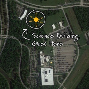 An aerial image of the northern section of the UHCL campus denoting the future location of the new STEM building. Map image courtesy of Google Maps.