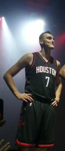 image: Sam Dekker stands and models the new 2016-2017 Houston Rockets road alternate jersey. Photo courtesy of @00rocketgirl on Twitter.