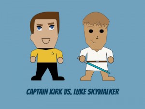 Graphic: Captain Kirk and Luke Skywalker appear next to each other on a blue background. Captain Kirk is wearing a yellow shirt and black pants. Luke Skywalker is wearing a white uniform with a blue light saber. Graphic created by The Signal reporter Erin Crowley.