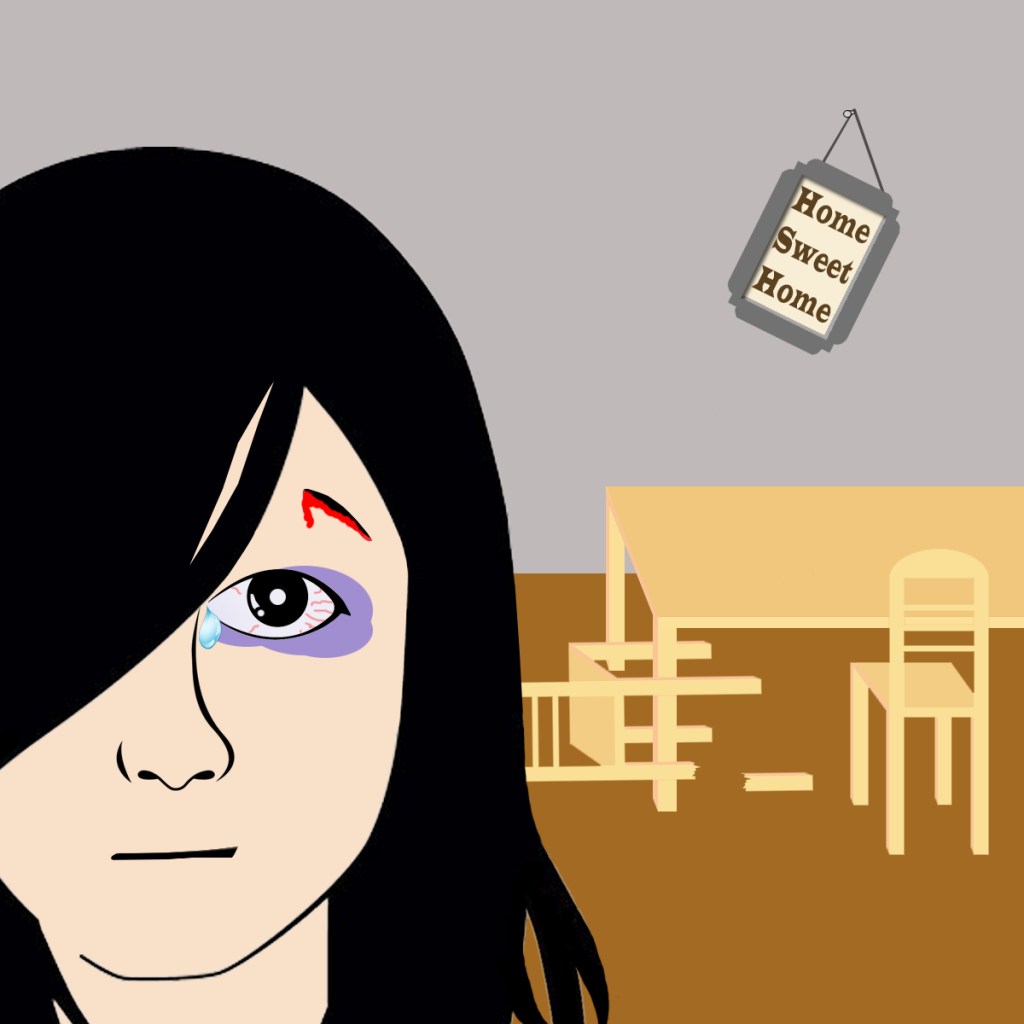 Graphic: A dark-haired, crying woman is looking at the viewer showing a black eye and a cut above her brow. In the background, a chair lays on the ground by a table with one of its legs broken off. The wall displays a crooked picture reading, “Home Sweet Home.” Graphic illustrated by The Signal reporter Sarah Wylie.
