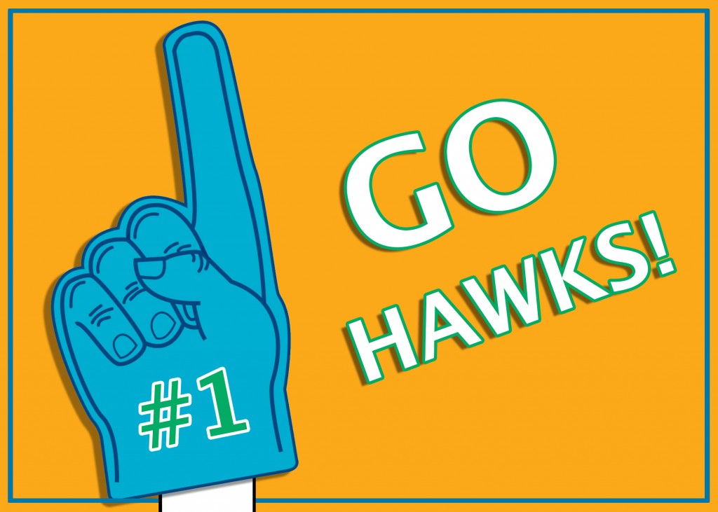Image: A classic foam hand reading "#1" is raised next to the phrase "GO HAWKS!" Graphic illustrated by The Signal reporter Sarah Wylie.