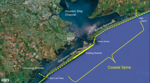 A map of Galveston Bay shows the proposed coastal barrier system strategy to keep storm surges. Graphic provided by Texas A&M University at Galveston.