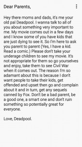 Photo: Deadpool's letter to parents warning them to avoid watching the movie with their children. Photo courtesy of Deadpool's Twitter account, @ComedicMerc. 