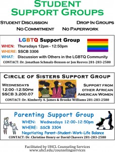 IMAGE: UHCL Counseling Services support groups informational flyer. Image courtesy of UHCL Counseling Services.