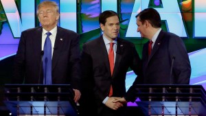 PHOTO:Rubio and Cruz shake hands as Trump looks on.