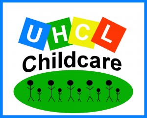 Graphic: UHCL Childcare – The letters U, H, C, L in white, each inside of a different colored box: U in a blue box, H in a green box, C in a yellow box, L in a red box, followed by the word “childcare” in black and stick figure parents and children in a horizontal green oval. Graphic created by The Signal reporter Jessica Wade.