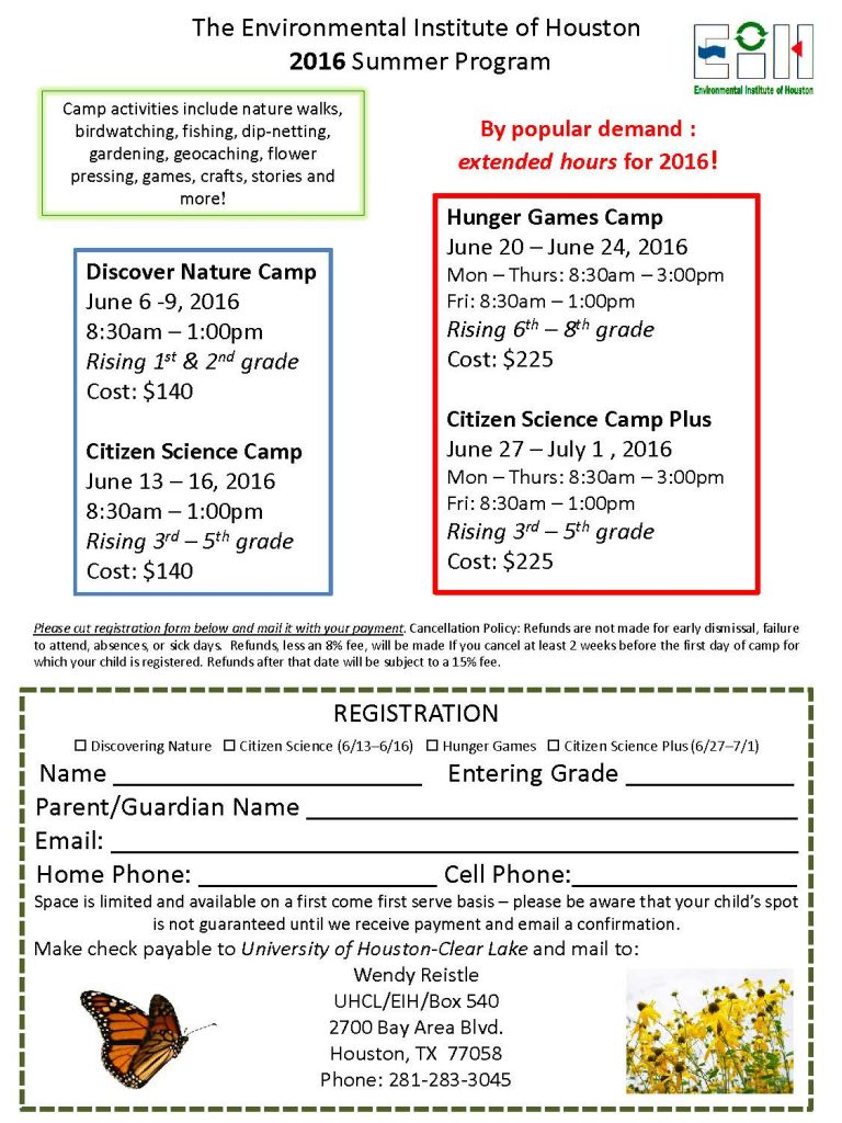 EIH summer camps informational flier. The Environmental Institute of Houston is offering exciting summer camps for your 1st – 8th grader on campus!