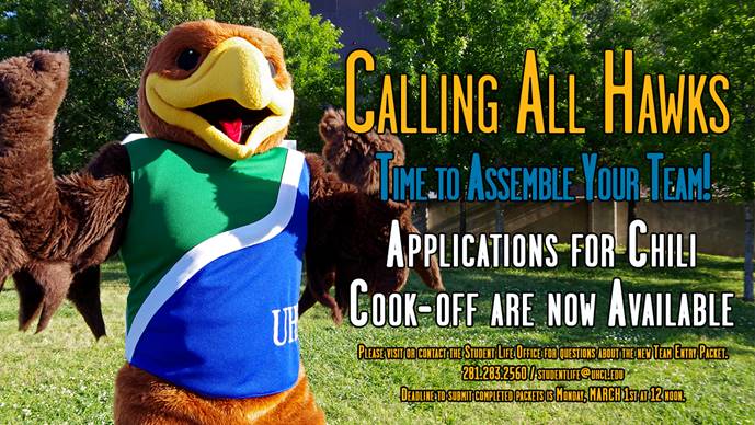 Flyer: Calling all Hawks. Time to assemble your team. Applications for Chili Cook-off are now available.