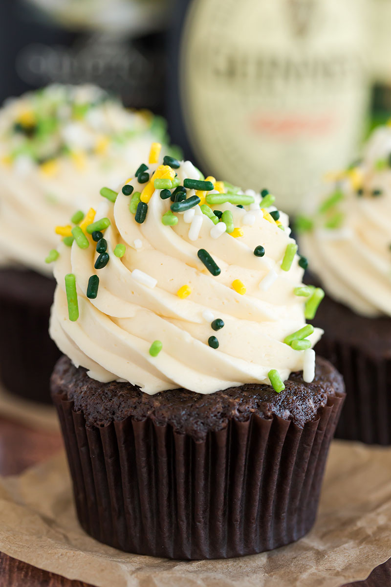 A photo of completed Irish Car Bomb Cupcakes. Photo courtesy of BrownEyedBaker.