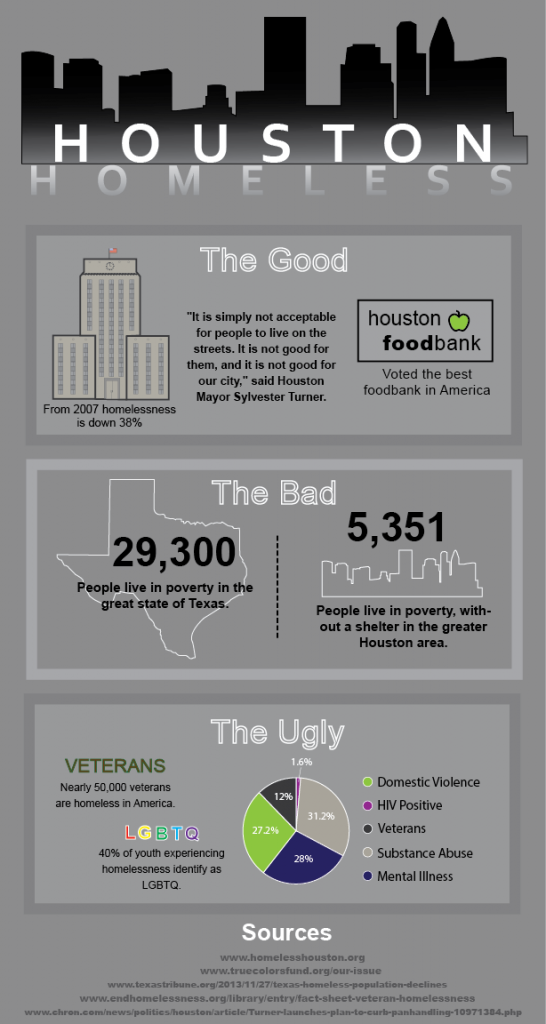 An infographic about the homeless in Houston focusing on the good, the bad and the ugly. Infographic created by the Signal reporter Anna Claborn. 