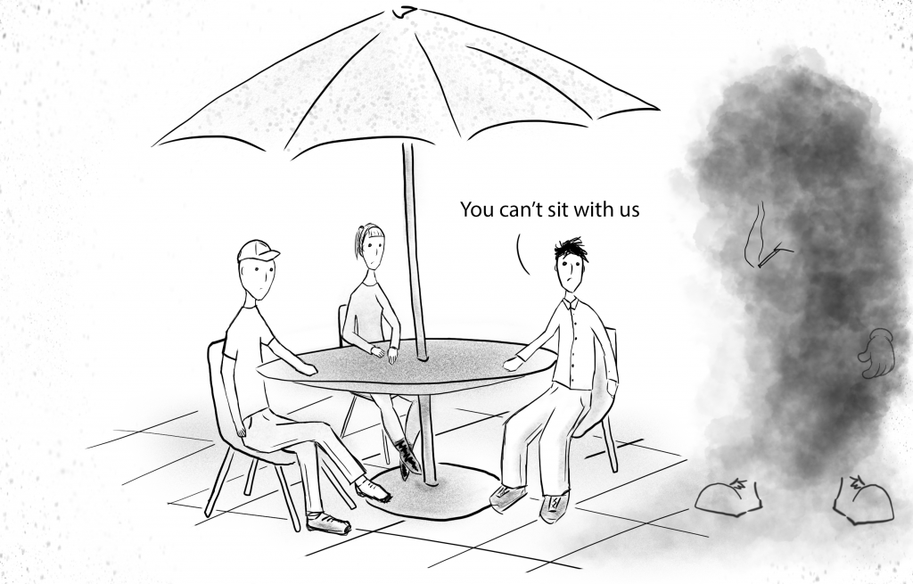 A cartoon depicting non-smokers telling a cloud of smoke he cannot sit with them. Editorial cartoon by The Signal reporter Trey Blakely.