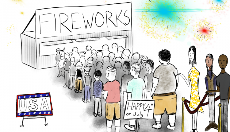 An editorial cartoon depicting white men standing in a line to buy fireworks to celebrate Independence Day while minority groups are cast aside. Cartoon by The Signal reporter Trey Blakely.