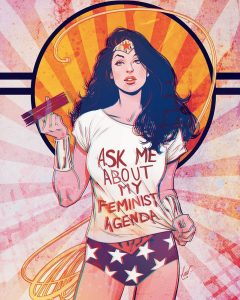 Wonder Woman wearing a t-shirt that reads "Ask me about my feminist agenda." Photo courtesy of Lucas Werneck's Tumblr.