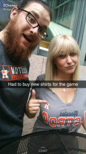 The Signal Editor-in-Chief Liz Davis and Goodyear Employee Cheney Collier at the Astros game. Photo courtesy of Collier via Snapchat.