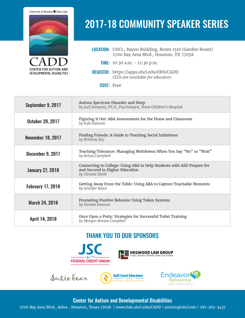 PHOTO: The UHCL CADD Autism Speakers Series 2017-18 schedule. Photo courtesy of the Autism Center at UHCL.