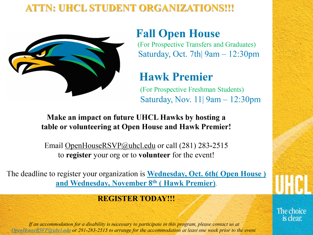 PHOTO: Hawk Premier and Open House table registration and volunteer information. Photo courtesy of UHCL Office of Admissions. 