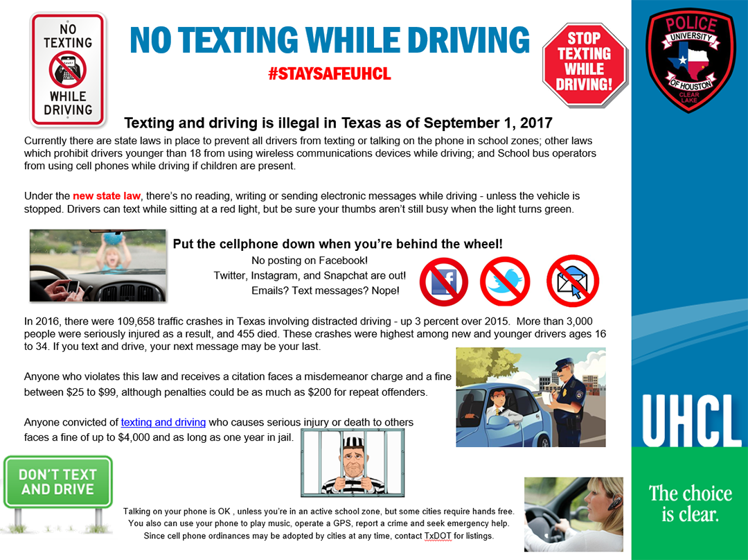 PHOTO: Informational flyer from UHCL Police Department about the no texting and driving law passed on Sept. 1. Photo courtesy of UHCL Police Department.