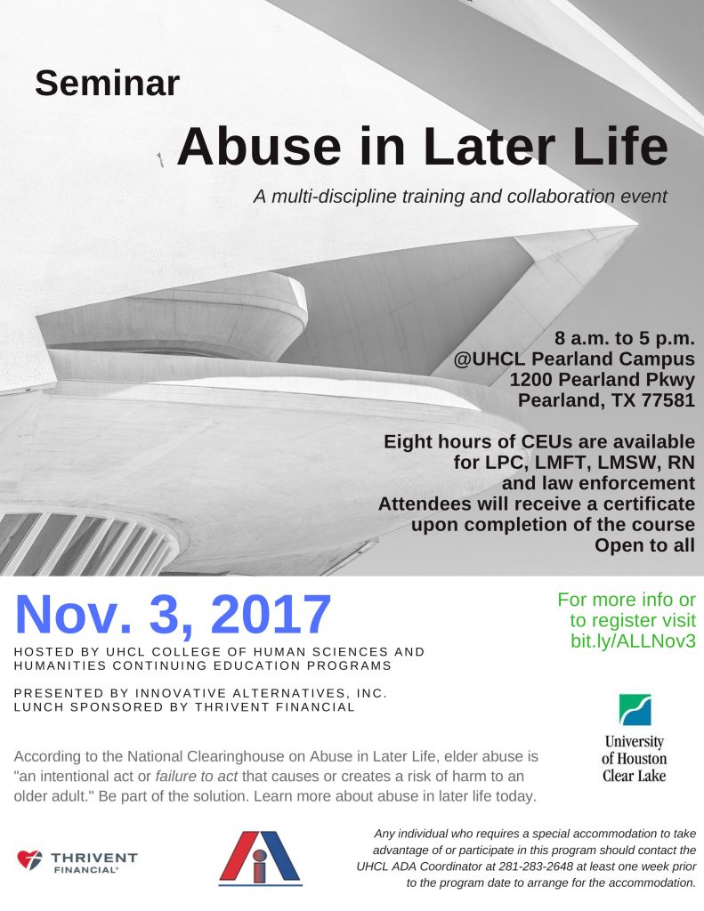 PHOTO: Informational flyer for Abuse Later in Life seminar on Nov. 3. Photo courtesy of UHCL Foreign Language Department.