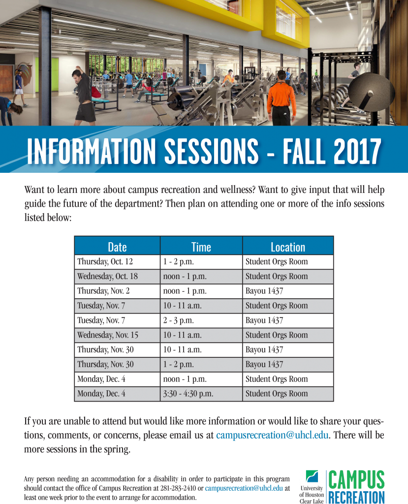 PHOTO: Campus Recreation and Wellness information sessions schedule flyer fall 2017. Photo courtesy of UHCL Campus Recreation and Wellness Center.