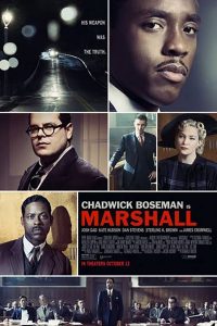 "Marshall” (2017) movie poster featuring lead actors Chadwick Boseman and Josh Gad and supporting cast Sterling K. Brown, Dan Stevens and Kate Hudson each actor in their own frame within the movie poster.