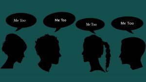 Four silhouettes in black accompanied by text bubbles above each figures head with the words 'me too' written inside each text bubble.