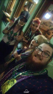 L to R: Jessica Douglas and Haley Chamberlin, Mediterranean Chef employees; Liz Davis, The Signal Editor-in-Chief; Cheney Collier, Goodyear employee, at Mardi Gras! Galveston. Photo by Collier.