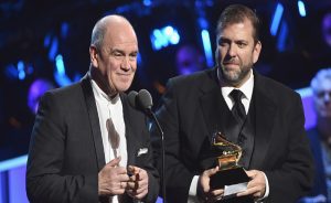 PHOTO: Conductor Hans Graf, left, and recording engineer Brad Sayles accepting the Grammy for best opera recording. Photo courtesy of the Houston Symphony