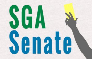 GRAPHIC: Green and blue text reading "SGA Senate" on a faint parchment background. Next to it is a gray illustrated arm raising a yellow voting card. Graphic created by The Signal reporter Evan Zieschang.