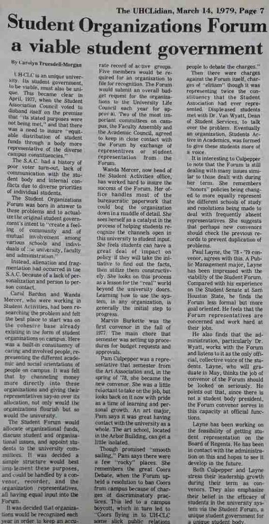 The UHCLidian article about student government from 1979. Photo courtesy of the UHCL Archives. 