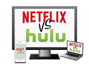 A TV, laptop, and cellphone depciting Netflix vs Hulu logo made by The Signal journalist Kathryn King.