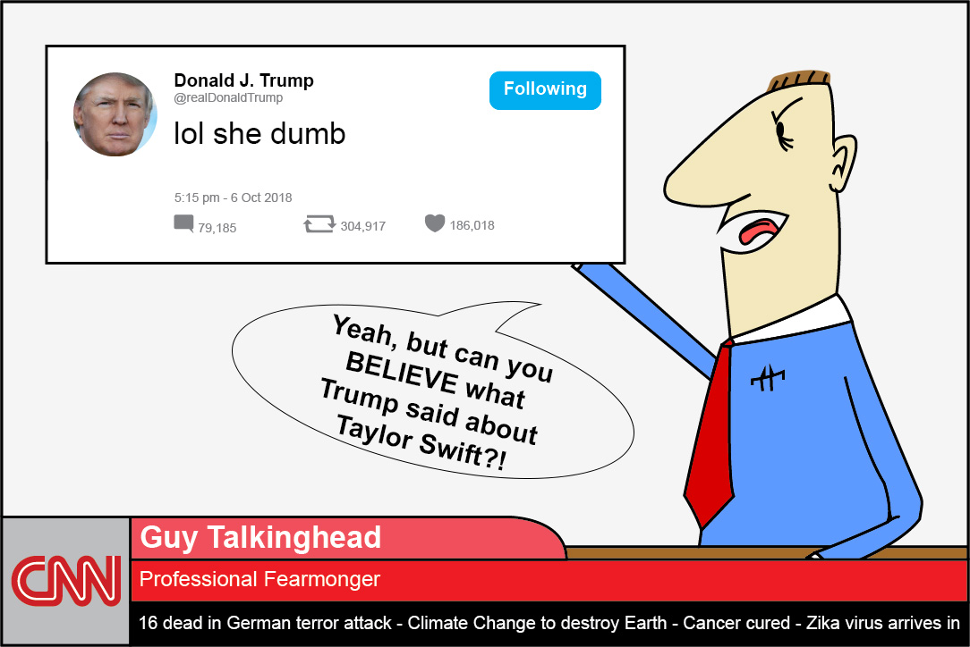 A news anchor, outraged at a Twitter comment President Trump made about Taylor Swift, as breaking news scrolls across a ticker. Cartoon by The Signal reporter Eric Bickerdyke.
