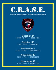 Civilian Response to Active Shooter Events meetings on: October 24, 8 AM - 10 AM, October 30, 1 PM - 3 PM, November 5, 9 AM - 11 AM, November 12, 1 PM - 3 PM, November 19, 4 PM - 6 PM
