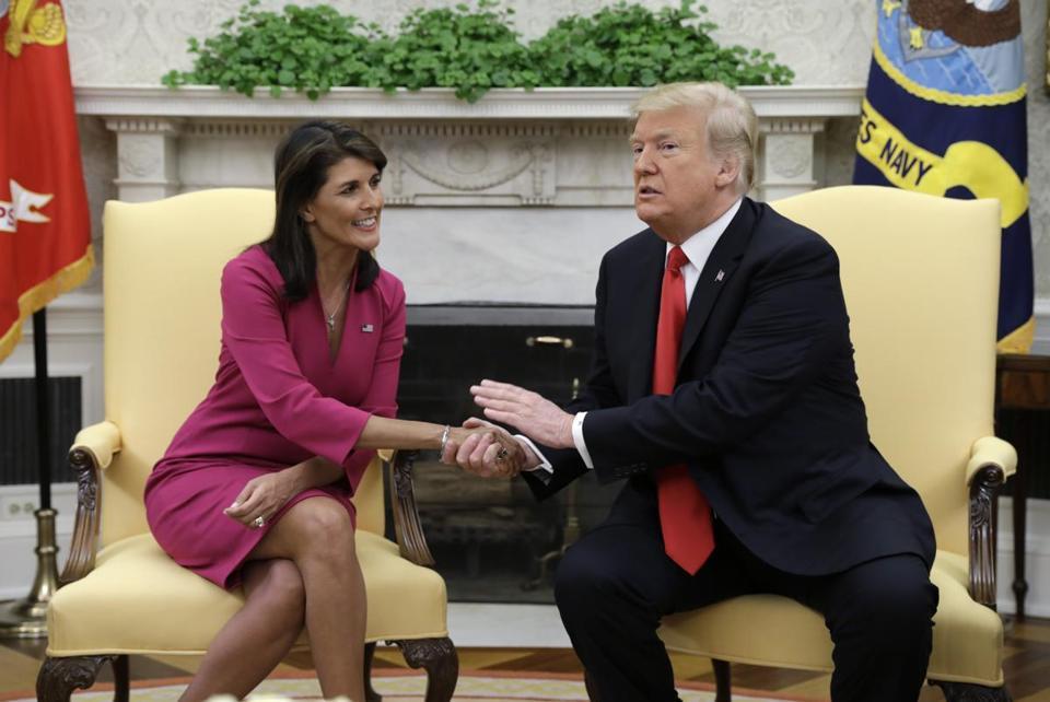 PHOTO: Trump praising the work Haley as UN Ambassador. Haley was confirmed 96-4 by the Senate in 2017. Photo courtesy of Evan Vucci, The Associated Press.