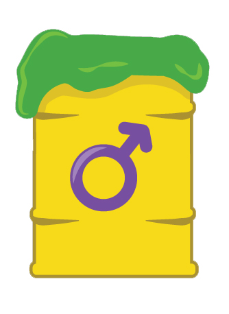GRAPHIC: Toxic masculinity depicted as a toxic waste container with the male symbol featured. This graphic contains a bright yellow toxic waste container with the male symbol featured prominently and bright green sludge spilling over the top. Graphic created by Sarah Doody.