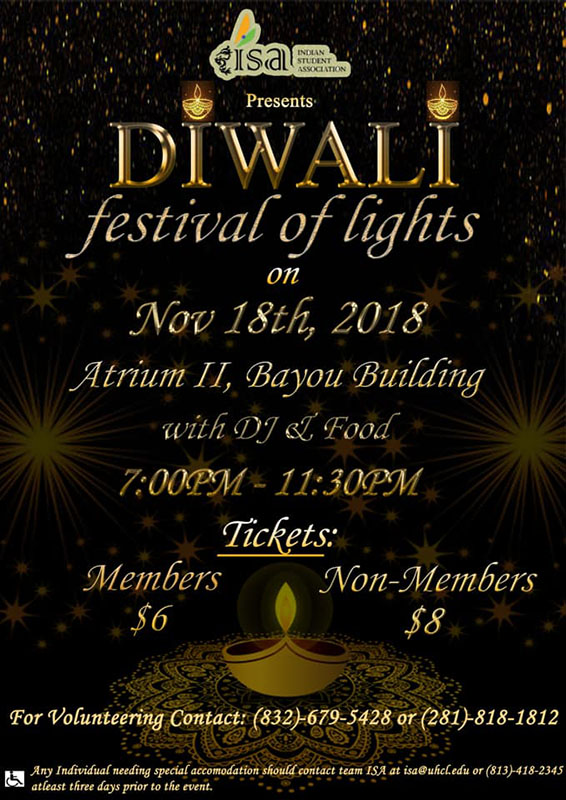 This a poster for Diwali 2018 that UHCL ISA is putting on.