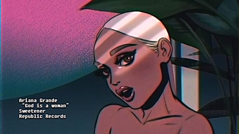 GRAPHIC: Screen capped image of Ariana Grande in @Naked_Cherry’s 40 second animation of “God is a Woman.” This animation was inspired by her live performance at the 2018 Mtv Video Music Awards. Graphic courtesy of @Naked_Cherry.