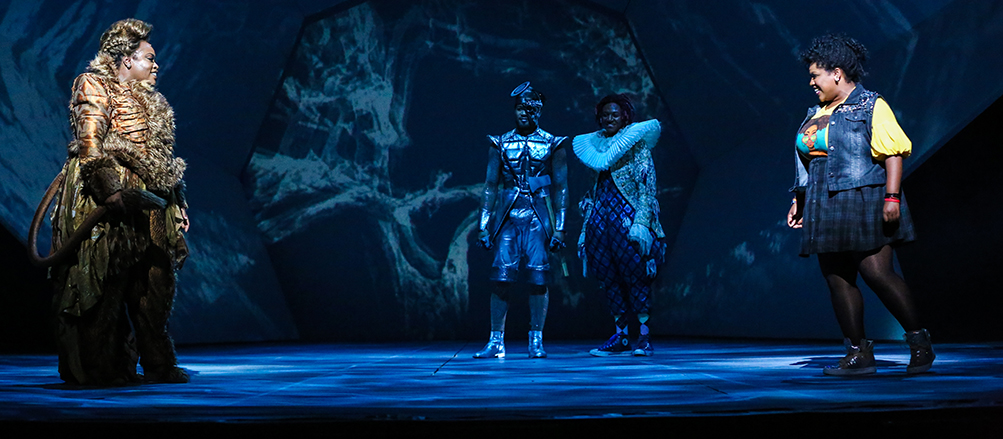 PHOTO: Originally debuting on Broadway in 1975, "The Wiz" was one of the first large-scale musicals with an all African-American cast. This scene features the Lion, Tinman, Scarecrow and Dorthy. Left to Right: Allyson Kaye Daniel, Paris Nix, Christopher Campbell and Salome Smith. Photo courtesy of Melissa Taylor and TUTS.