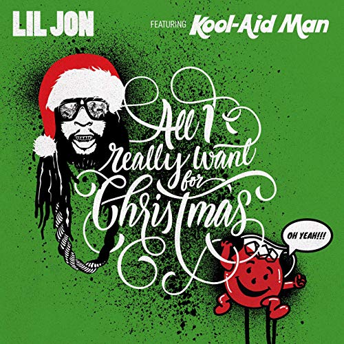 GRAPHIC: “All I really want for Christmas” single art. This song features both as it is an upbeat tune with Lil Jon (the ultimate hype man) and a sponsorship from a drink company essentially saying “I want what I want.” Lil John and The Kool-aid Man sit in opposite corners while the white,calligraphed title sits in the center over the green background. Graphic courtesy of Little Jonathan, Inc.