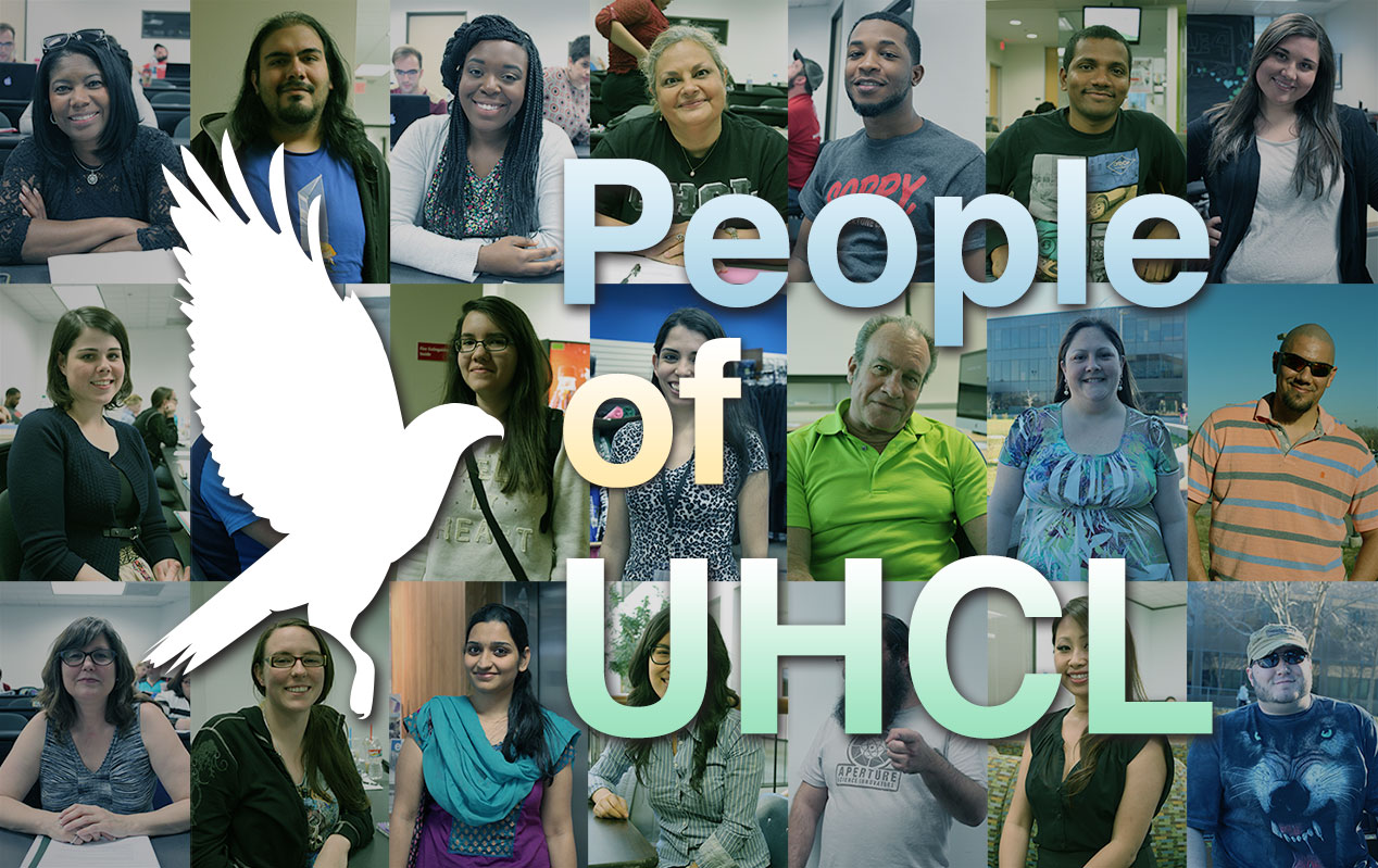 Photo collage: Head shots of various members of the UHCL community with the words