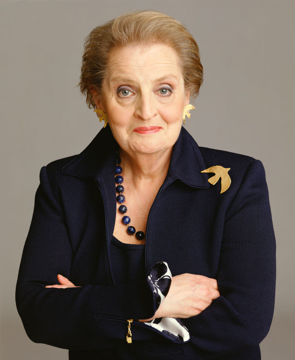 PHOTO: Madeleine Albright was nominated as secretary of state in 1997 by then-president, Bill Clinton making her the first woman in history to hold this position. After her, Condoleezza Rice, appointed by then-president George W. Bush and Hillary Rodham Clinton appointed by then-president Barrack Obama became the second and third women to hold the position. Photo features Albright wearing a blue blazer and with a golden dove pen on her left shoulder. Photo by Timothy Greenfield-Sanderrs.