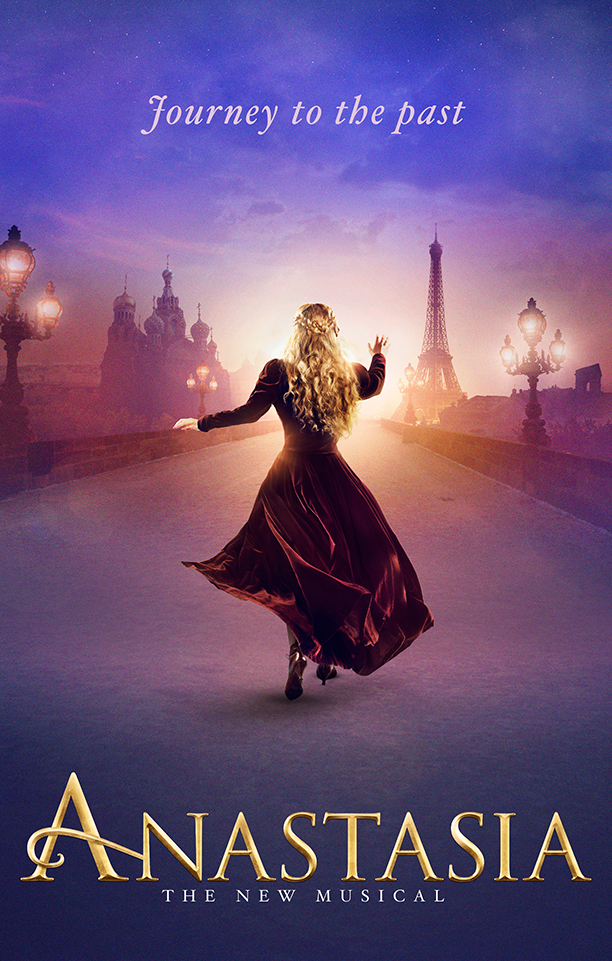 GRAPHIC: 2017 poster of Broadway's "Anastasia" which is based on the fictional story on the real Russia Grand Duchess Anastasia Romanov. Anastasia is running away from the viewer with long blond hair and a velvet burgandy dress towards a bridge. At the end of the bridge lies St. Petersburg, called Leningrad at the time of the story, on the left and onthe right Paris with the Eiffel Tower. Act One of the musical is entirely in the U.S.S.R. and Act Two is entirely in Paris. Graphic courtesy of Terrence McNally.