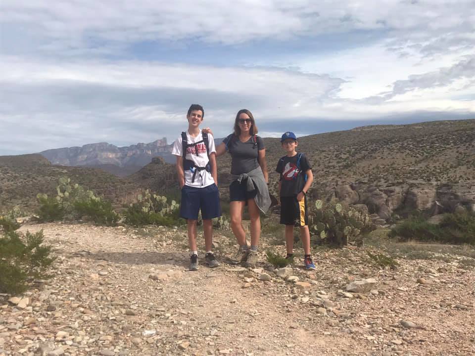 PHOTO: Sarah Costello, assistant professor of art history, with her two children while hiking in Big Bend National Park. Left to Right: James Costello, Sarah Costello and Connor Costello. Photo courtesy of Assistant Professor Costello.